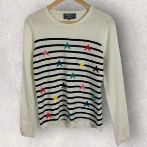 WYSE London 100% Cashmere Crew Neck Pullover Sweater Ecru Star Print Stripe Knit